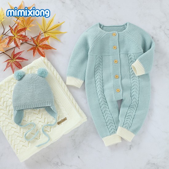 Mimixiong Baby Knitted Romper Blanket Hat 3pc Clothing Set 82W720-722-723