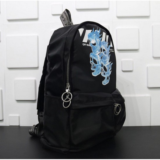 19SS OFF-WHITE Blue Skull Flame Backpack Black