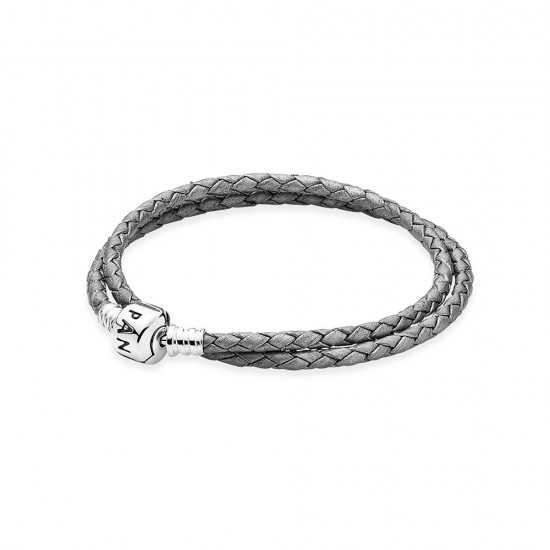 Pandora Silver/Grey Braided Double/Leather Charm Bracelet