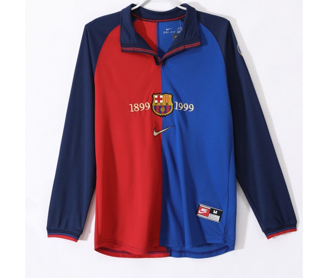 FC Barcelona Men Centenary Home Long Sleeve Retro Soccer Jersey 1999