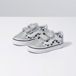 Vans Kids Shoes Toddler Glitter Checkerboard Old Skool V Silver/True White