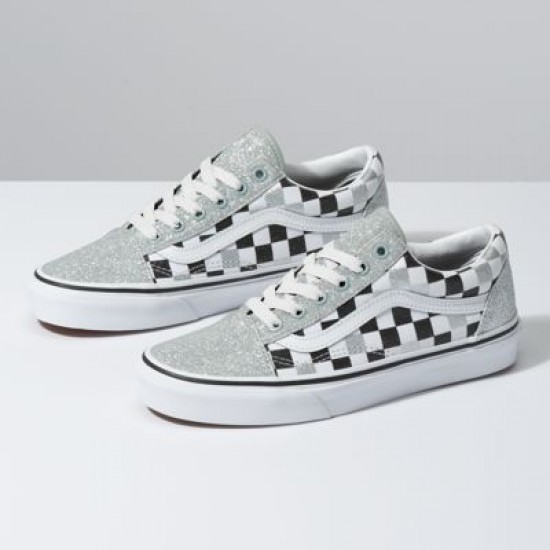 Vans Women Shoes Glitter Checkerboard Old Skool Silver/True White