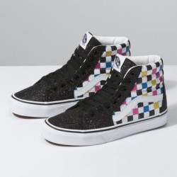 Vans Women Shoes Glitter Checkerboard Sk8-Hi Black/True White