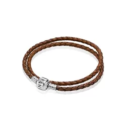 Pandora Brown Braided Double/Leather Charm Bracelet