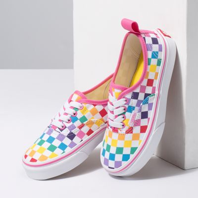Vans Kids Shoes Kids Checkerboard Authentic Elastic Lace Rainbow/True White