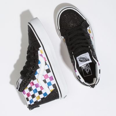 Vans Kids Shoes Kids Glitter Checkerboard Sk8-Hi Zip Black/True White